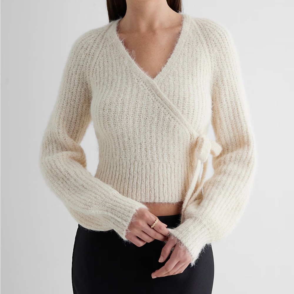 Express Fuzzy Ribbed Surplice Tied Sweater Size XS